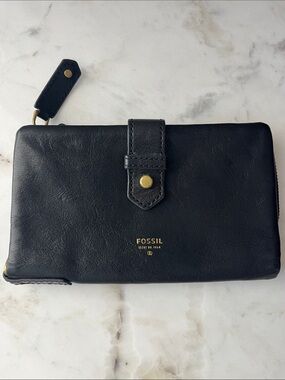 Fossil Black Leather Snap & Zip Wallet with Gold Hardware
